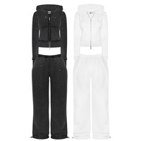 Ensemble de survêtement pour femme, style Y2K, avec logo en strass, crop top, jupe, vintage, brut, délavé, deux pièces, pantalon de survêtement tendance