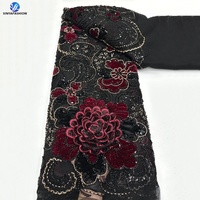 Tissu en dentelle de velours Sinya de luxe avec broderie florale 3D, perles et sequins, 5 yards, en tulle souple pour robe de mariée et de soirée