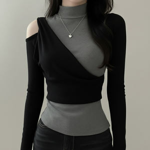 Haut en tricot superposé décontracté pour femmes, couleur contrastée, col montant, manches longues, coupe ajustée, découpe sur l'épaule - Product Image 1