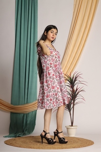 Venta caliente Estampado floral Rosa Estampado floral Manga corta Puff Botón Abajo Midi Vestido Fiesta Moda Noche Vestidos para fiesta - Product Image 2