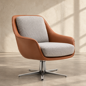 Fauteuil pivotant en cuir avec assise en tissu, base chromée en étoile, chaise d'appoint arrondie, style moderne pour salon, appartement, villa - Product Image 3
