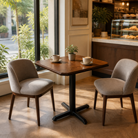 Table de bistrot carrée en bois grainé de 60 cm avec base en piédestal noir pour café, restaurant, salle à manger