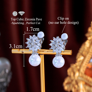 Boucles d'Oreilles de Mariage à Clipser en Zirconium Cubique Pavé, sans Trou, Fleurs et Perles pour Femme - Product Image 5
