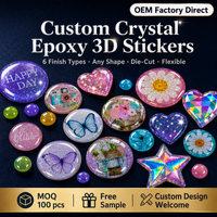 Autocollants 3D en résine époxy cristalline personnalisés, OEM, holographiques, pailletés, découpés sur mesure, toutes formes, logo, étiquette de marque, MOQ 100