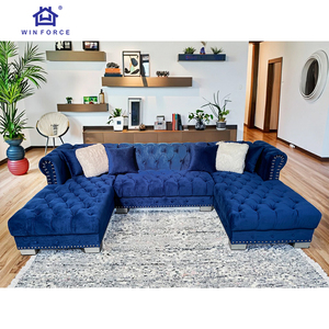 Sofá Seccional Chesterfield de <span class=keywords><strong>5</strong></span> Plazas en Terciopelo <span class=keywords><strong>Azul</strong></span> Marino de Lujo, en Forma de U, con Esquinas Acolchadas y Estructura de Madera Alta con Esponja - Product Image 2