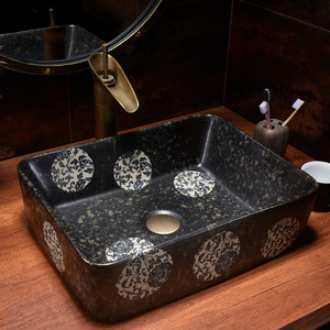 Ahorro de espacio Rectángulo Flor Arte Negro Cerámica Baño Lavabo Pequeño Montaje en pared Fregadero colgante - Product Image 2
