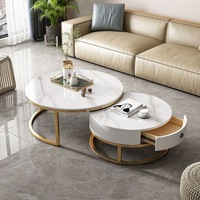 Table basse ronde moderne de luxe en marbre et bois noir, extensible avec tiroirs, pour salon, design décoratif en verre doré et métal