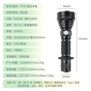 Linterna de Alta Potencia Huangguang T20, Recargable Tipo C, Aleación de Aluminio, Enfoque Fijo, Largo Alcance, Iluminación Exterior LED, Luz Blanca - Product Image 2