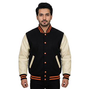 Chaqueta Bomber Varsity de Béisbol con Mangas de Cuero Genuino y Cuerpo de Lana, Colores de Equipo, Tela de Lona, Chaqueta de Invierno - Product Image 1
