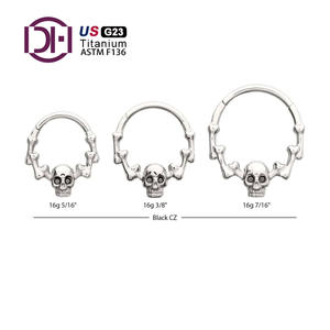 กระดูกกะโหลกศีรษะไทเทเนียม G23มีดวงตาอัญมณี CZ สีดำด้านหน้าหันหน้าไปทางบานพับส่วนคลิกที่เจาะจมูกทรงกรวยเครื่องประดับ - Product Image 2
