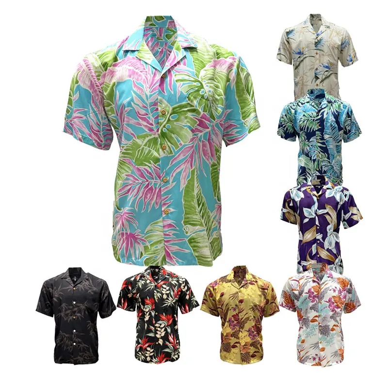 Yüksek kaliteli yaz erkekler artı boyutu Polyester Hawaiian plaj gömlek kısa kollu Casual düğmeler Up gömlek erkekler için