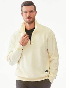 Comfort Pullover Hombres Quarter Zip Sudaderas Casual Mock Neck Pullover Manga larga Sólido Textura geométrica Waffle Sudadera - Product Image 3