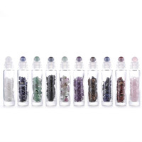 Flacon roll-on en verre transparent de 10 ml avec bille en pierres précieuses et copeaux, et bouchon en plastique imitation bois pour huiles essentielles et parfums