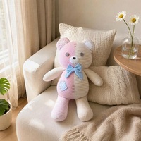 Peluche ours patchwork en tissu de coton bleu, rembourrée en coton PP, jouet doux et confortable pour bébés