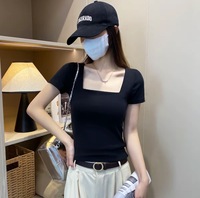 T-shirt décontracté en coton et élasthanne blanc à col licou et manches courtes pour femme, coupe ajustée, printemps/été – Fabrication directe usine, compatible OEM/ODM