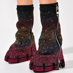 Denim Metallic Lock Shark Long <b>Boots</b> Thick Soles Knee High Booties Women Round Toe Zipper Bling Diamonds Shoes for Lady - Product Image 2