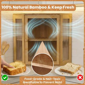 Armoire de rangement pour pain en bambou, double porte, d'angle, en bois, avec couvercle en acrylique, 2 niveaux, pour le rangement des aliments dans la cuisine - Product Image 4