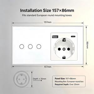 3 Gang Touch Control Wall <strong>Switch</strong> EU Schuko <strong>Socket</strong> With USB a Type C Charger Port Tempered Glass Panel 157 Size Wall <strong>Socket</strong> - Product Image 2