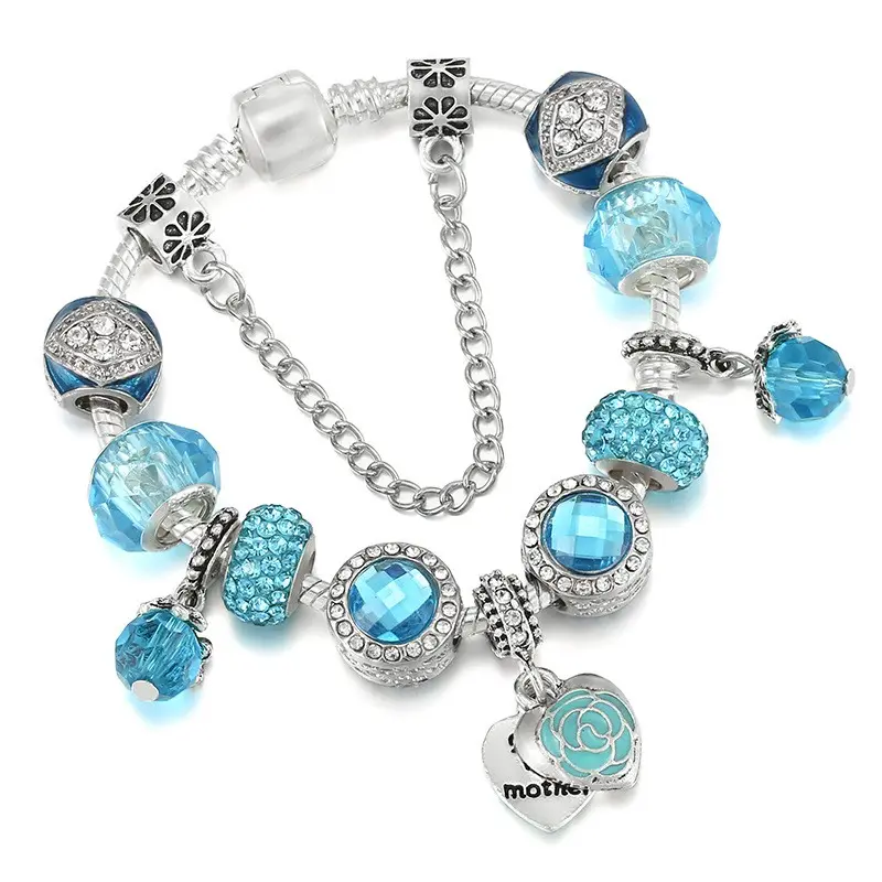 Fashion Beauty Blue Glass Beads Snake Chain Charm Bracelet Fit Original DIY Brand Bracelets For Children Women Men Gift Jewelry
