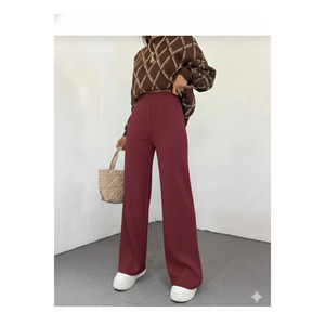 Women's Wide Leg Knitted <b>Trousers</b> <b>Elastic</b> <b>Waist</b> Comfortable Winter Wear Burgundy Color - Product Image 1
