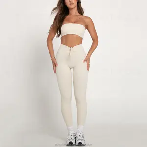 Nuevo diseño Sexy sólido de talla grande Push Up 2 piezas mujeres sujetador sin tirantes botín Yoga cordón Scrunch Butt Legging Activewear Set
