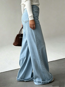 <span class=keywords><strong>Jean</strong></span> pour <span class=keywords><strong>femme</strong></span> délavé clair, taille haute, coupe large, ample, avec ourlet retroussé, style vintage décontracté, longueur pleine, évasé - Product Image 3