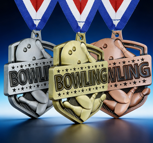 Médailles de tournoi de bowling en or, argent et bronze personnalisables en gros avec rubans rouges, blancs et bleus pour souvenirs de matchs de football - Product Image 3