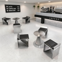 Ensemble de mobilier de salle à manger commercial moderne et minimaliste en métal - Table ronde en acier inoxydable et bancs pour salon