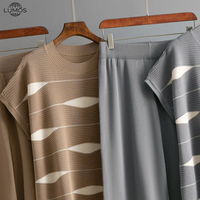 Ensemble deux pièces décontracté en maille patchwork Lumos Cross-Border, motif vague d'automne, lavable, pour femme, col rond, manches courtes, coupe décontractée