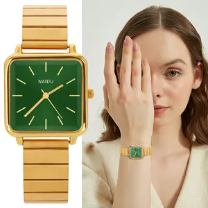 Jam tangan Quartz bisnis wanita Elite populer desain tali bambu casing persegi pesona jenis Pointer dial mode terbaru