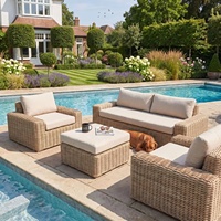 Ensemble de salon de jardin en rotin PE résistant aux intempéries, canapé d'extérieur avec ottoman, coussin beige lavable pour villa, terrasse, pelouse