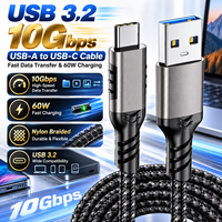 Kabel USB 3.2 Tipe A ke USB C 10Gbps 60W Pengisian Cepat Transfer Data Kecepatan Tinggi Kabel Jalinan Nilon untuk Laptop Ponsel SSD