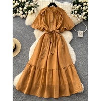 Robe longue décontractée élégante pour femme WIWT, coupe trapèze, manches courtes bouffantes, ceinture à la taille, paillettes, pour tous les jours, les fêtes et les vacances