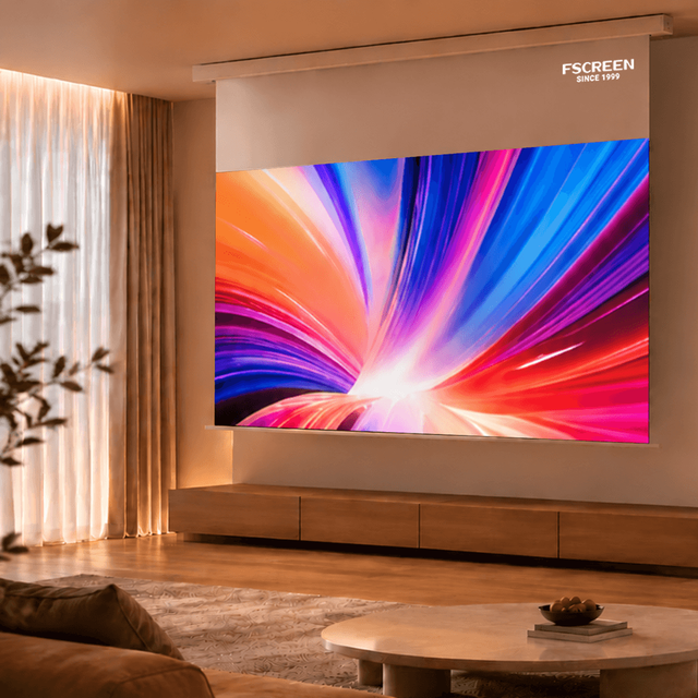 Fscreen Iris Series 120 Inch Eco Friendly Silicone Based Fresnel ALR Motorized Drop Down Projection Screen for Tri-Chroma Laser