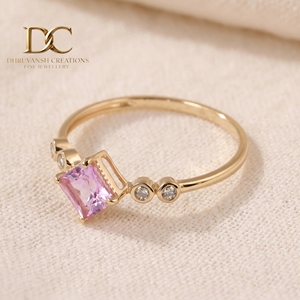 Bague de fiançailles de luxe moderne en or massif 14 carats avec diamant de laboratoire taille brillant rond et saphir padparadscha de laboratoire - Product Image 3
