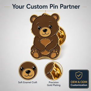 Pin de solapa de esmalte suave personalizado con diseño de oso adorable, chapado en oro, broche de cachorro de oso grizzly marrón, pin de animal de dibujos animados promocional OEM, cierre de mariposa - Product Image 4