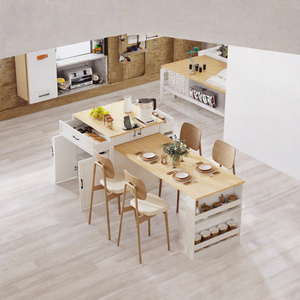 Îlot de cuisine extensible en bois massif, table à manger avec rangement double face, 2 tiroirs, prises électriques latérales, étagères, résistant à l'eau, moderne - Product Image 3