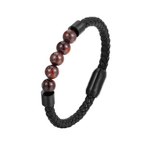 <span class=keywords><strong>Alin</strong></span> Noir Fermoir Magnétique Pierres Naturelles Bracelet en Cuir Tressé pour Homme Bijoux Minimaliste Trendy - Product Image 1