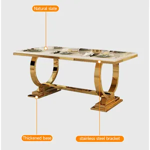 Móveis luxuosos para sala de jantar, mesa de jantar e conjunto de cadeiras em aço inoxidável com tampo em mármore retangular completo