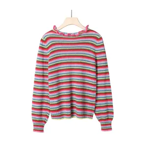 고품질 유럽 스타일 러플 크루 넥 다채로운 긴 소매 울 크로 셰 뜨개질 스웨터 여성 스트라이프 스웨터