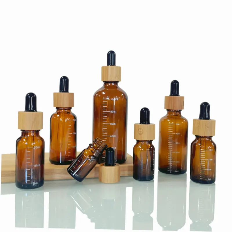 5ml 10ml 15ml 20ml 30ml 50ml 100ml brown amber glass essential oil bottles with bamboo wood dropper lid