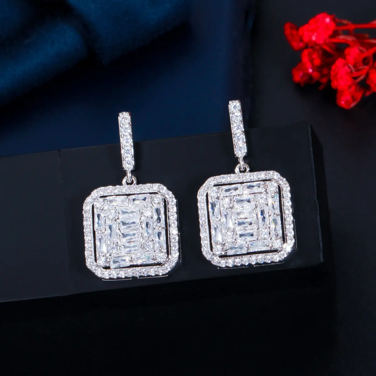 Bling Square Cut Cubic Zirconia Women CZ Engagement Wedding Party Silver Plated Dangle Drop Earrings Jewelry Gift