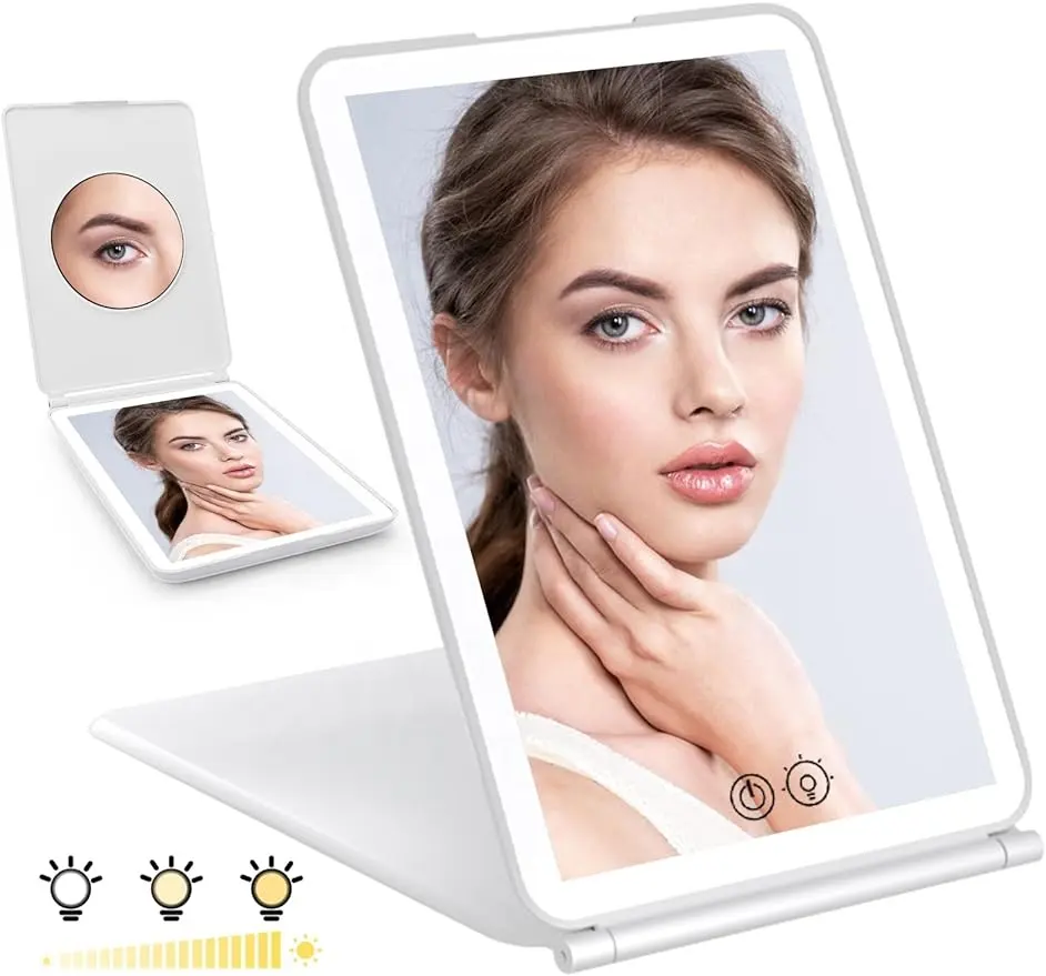 Miroir de maquillage LED avec 3 couleurs de lumière Miroir cosmétique pliable à écran tactile de voyage Miroir de courtoisie avec lumière LED