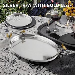 Plateau de service décoratif au design fantastique, grande qualité, métal argenté, design feuille d'or, poignée, écologique, passe au lave-vaisselle - Product Image 2