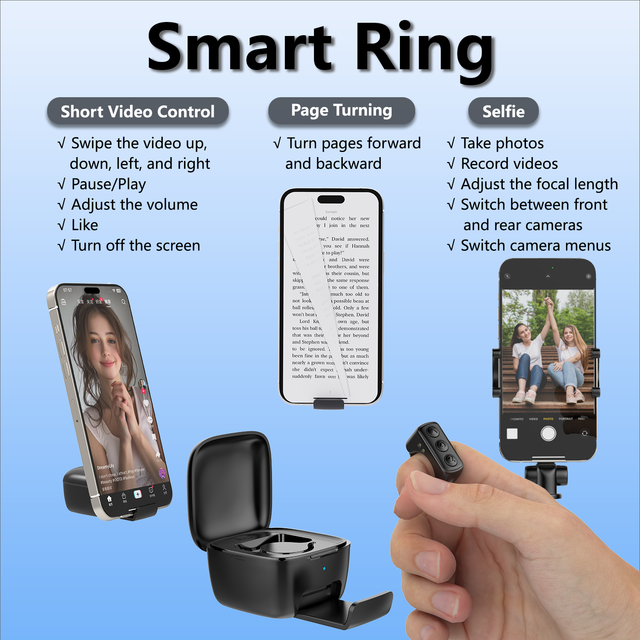 Smart Ring with Charging Case Phone Stand for TikTok Scrolling Selfie Camera Shutter E-book Page Turner