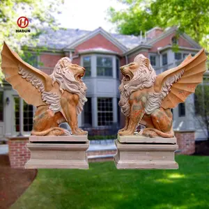 Lion en marbre naturel d'animaux de pierre de jardin extérieur avec sculpture de statue d'ailes