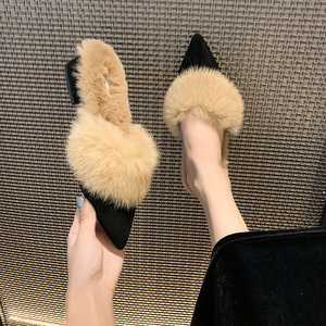 <span class=keywords><strong>Mules</strong></span> à bout pointu pour femmes, pantoufles fourrées et moelleuses avec bordure en fourrure, talon bas, mode, pour l'extérieur, à enfiler - Product Image 2
