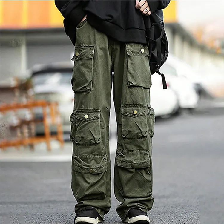 Großhandel Multi Pockets Jogging Unisex grüne Hose Herren plus Größe Outdoor Custom Logo weites Bein Hose Cargo Pants Für Männer