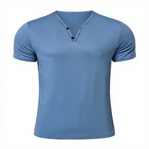 Men's Light Blue Short Sleeve T-Shirt Slim Fit V-Neck Breathable Casual Jersey Cotton Solid Color 200 Grams Anti-Wrinkle - Product Image 2