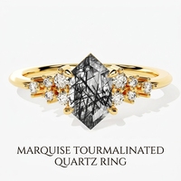 Bague personnalisée en quartz tourmaliné marquise, grappe de zircons, plaqué or 14K, argent 925, bijoux fins pour femme, mariage, OEM
